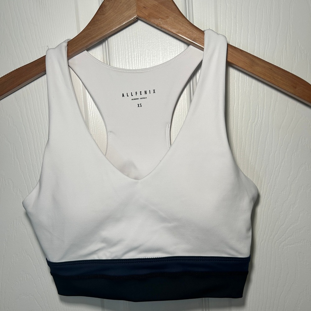 ALL‎ FENIX White Racerback Sports Bra Deep Navy Band XS Athletic Fitness